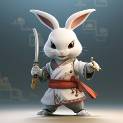 cute fighter rabbit animatipn rabbit wearing fighter dress with fighter killing expression practicing to win 