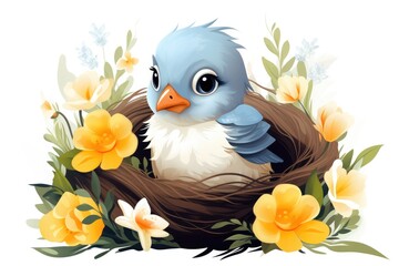 Vector cute blue baby bird in a nest with yellow flowers