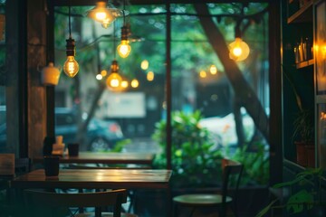 A vibrant city street scene is brought to life by the glowing lights of a stylish outdoor restaurant, where a table and chairs adorned with plants sit beneath the illuminated ceiling, inviting passer