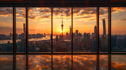 Empty floor and modern city skyline with building at sunset in Suzhou, China. high angle view.