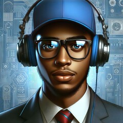 Illustration of young black man with blue hat and headphones on