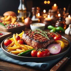 Juicy steak with vegetables served in a restaurant