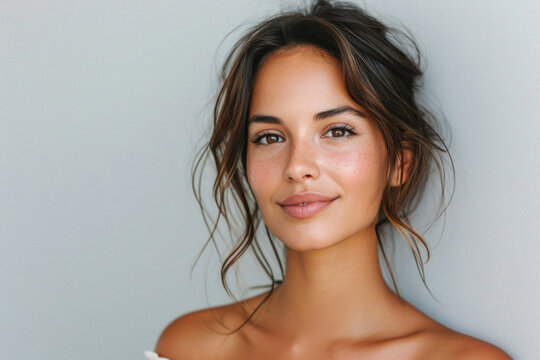 Beauty portrait of happy attractive young woman with glowing healthy radiant pure skin and beautiful hair. Pretty european girl model smiling on background advertising skin care cosmetic. Closeup face