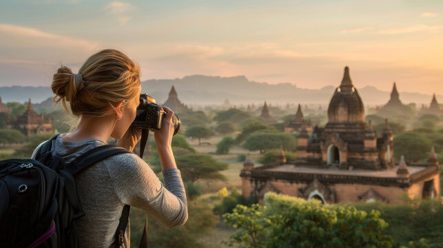 female traveler photographing temples at Bagan Myanmar Asia at sunrise.