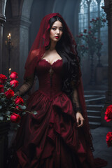 A beautiful black-haired girl in a red dress stands near the roses