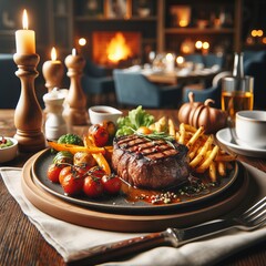 Juicy steak with vegetables served in a cozy restaurant