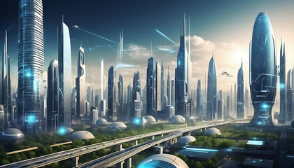 Digital modern futuristic city architecture buildings city scape in urban technological background banner  