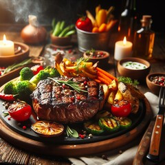 Juicy grilled steak with vegetables served in a restaurant