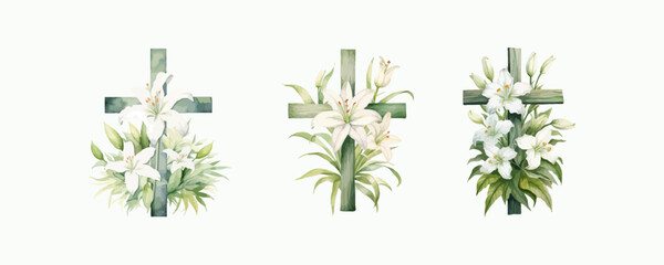 Christian cross and lily flowers watercolor. Vector illustration. - obrazy, fototapety, plakaty