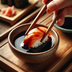 Design of sushi held with chopsticks and dipped into soy sauce