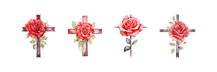 Wooden cross and roses watercolor composition. Vector illustration.