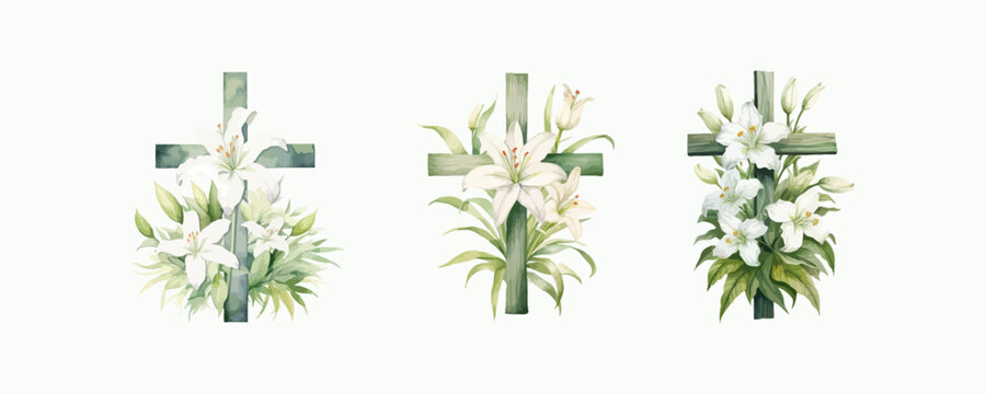 Christian cross and lily flowers watercolor. Vector illustration.