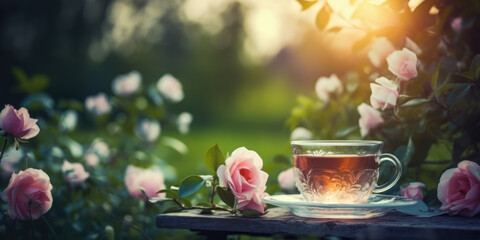 Cup of Tea with Rose Flowers on wooden table in garden - obrazy, fototapety, plakaty