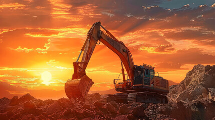 Excavator in construction site on sunset sky background.