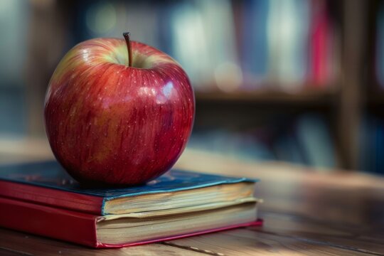 A vibrant red mcintosh apple sits atop a stack of wooden books, embodying the perfect combination of knowledge and natural nourishment
