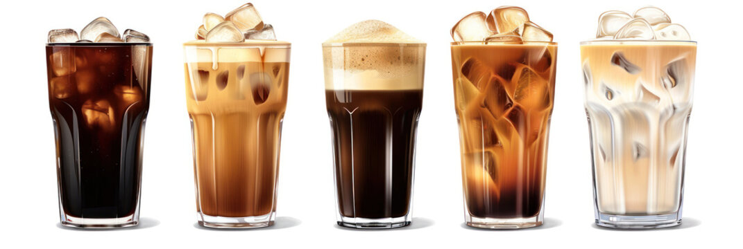 Set of black ice coffee and ice latte coffee with milk in tall glass isolated on white background.