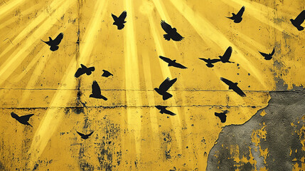 A lemon yellow wall adorned with an abstract, sunburst pattern, rays transforming into silhouettes of birds and butterflies