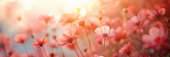  colorful summer flowers on a subtle peach pink background, empty space for text, banner background (3) © Visual Craft