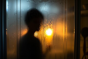 silhouette of person through frosted shower door, candlelight behind