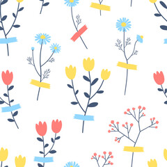 Vector romantic spring seamless pattern with branches and flowers glued with tape - 741492989