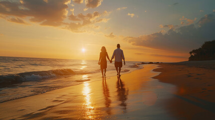 Senior couple walking on the beach holding hands at sunrise, plan life insurance at retirement concept.