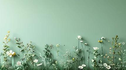 Crédence de cuisine en verre imprimé Herbe A mint green wall featuring a fresh, abstract depiction of a spring meadow, with grass and flowers forming shapes of meadow creatures