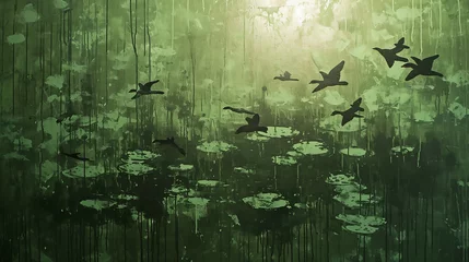 Foto op Canvas A moss green wall adorned with a sprawling, abstract depiction of a wetland, with reeds and water lilies forming silhouettes of water birds © Shahjahan
