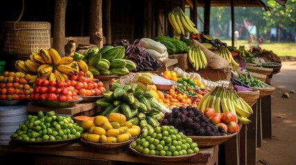 Local farmer's market, fair with fresh vegetables and fruits: Cucumbers, Zucchini, Bananas, Tomatoes, Oranges, Eggplants, Greens. Healthy Food, Vitamins and Fiber, Organic food concepts. - obrazy, fototapety, plakaty