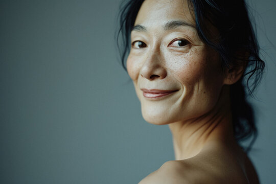 Beautiful confident  older senior Asian woman of old age posing for portrait. Mature adult lady model from Asia looking at camera smiling on background advertising anti age skin care. Close up face .