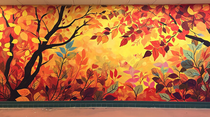 A mural on an amber gold wall, showcasing a vibrant, abstract autumn forest, with leaves and branches forming shapes of forest fauna
