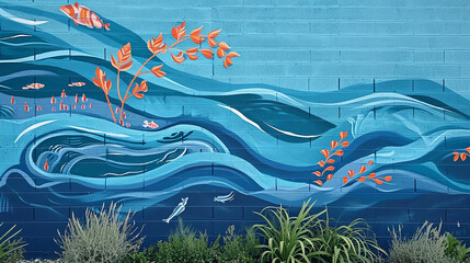 A mural on an azure blue wall, depicting a tranquil, abstract river scene, water ripples forming patterns of aquatic plants and fish - obrazy, fototapety, plakaty