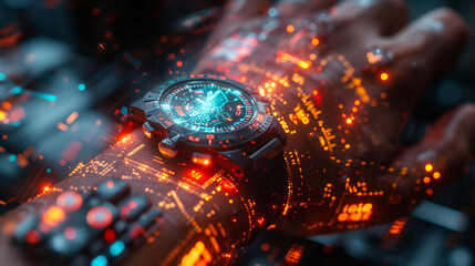 close up of a digital futuristic watch with technological light