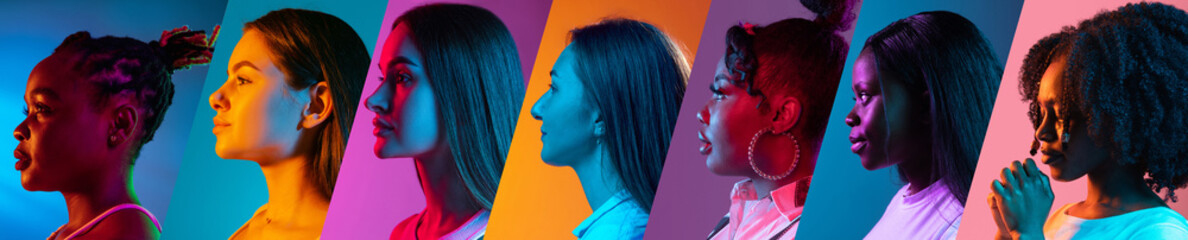 Collage. Side view portraits of side view portraits of African-American women against gradient backgrounds in neon-lit studio. Concept of human emotions, self-expression, equality, unification. Ad
