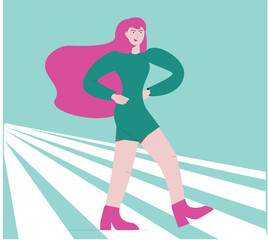 Fashionable woman walks in the street. Vector illustration. - 741493575