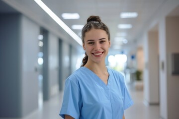 A beaming woman in blue scrubs stands against a wall, her smiling face and comforting attire exuding warmth in the indoor setting as she stands tall with confidence, her robe and shirt adding to her 