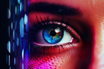 Obraz premium Vivid Vision: A Surreal Close-Up of a Human Eye Infused with Neon and Abstract Digital Elements 