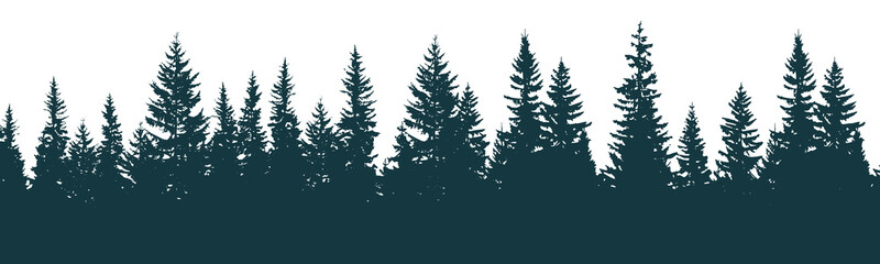 Panoramic pine forest silhouette in blue navy tone
