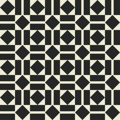 Seamless geometric pattern with triangles and squares. Abstract background. Background for music album, poster, card, advertisement. Vector illustration.  Black and beige 