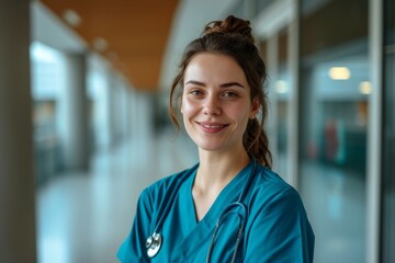 A young woman stands confidently in her blue scrubs, her smiling face framed by a wall as she radiates warmth and professionalism - obrazy, fototapety, plakaty