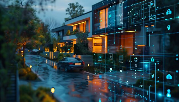 Intelligent Home Security Analytics, Illustrate intelligent home security analytics with an image showing AI algorithms analyzing security footage to identify suspicious activities, AI