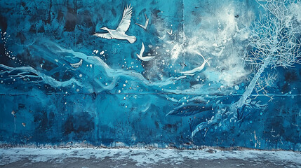 A mural on a cool ice blue wall, depicting a serene, abstract winter ice scene, with ice crystals and frost patterns forming shapes of arctic animals - obrazy, fototapety, plakaty