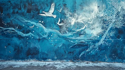 Foto op Canvas A mural on a cool ice blue wall, depicting a serene, abstract winter ice scene, with ice crystals and frost patterns forming shapes of arctic animals © Shahjahan