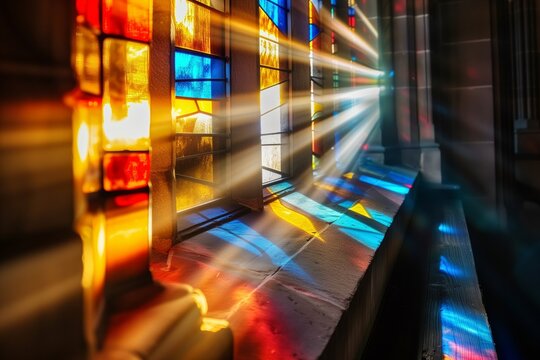 sunlight streaming through a colorful, intact stainedglass window