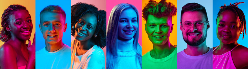 Banner. Collage made of portraits of people different ages and nationalities smiling in neon light against colorful gradient background. Concept of human emotions, self-expression, facial expression. - obrazy, fototapety, plakaty
