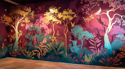 A mural on a rich burgundy wall, showing a fantastical forest scene with abstract trees and unseen animals in the shadows