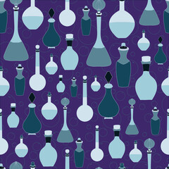 Vector hand drawn potion flasks and bottles seamless pattern, perfect for spooky events and themes.