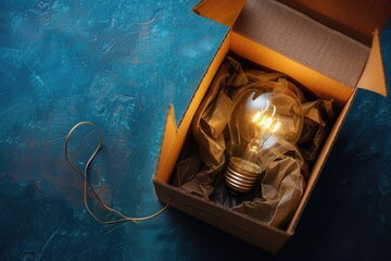 Light bulb inside cardboard box, idea and creativity concept, blue background.