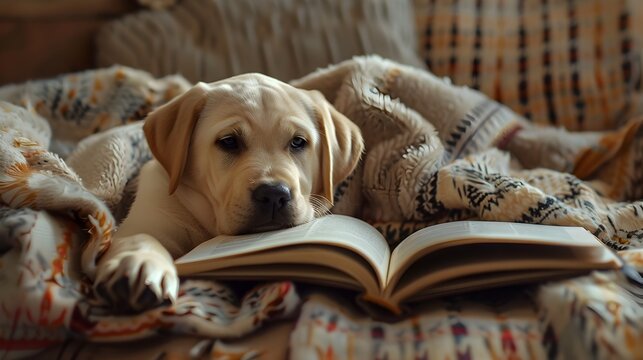 A Labrador Puppy Enjoys Reading Time on a Plaid Blanket