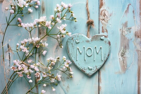 Wooden background with flowers with the word mother in the shape of a heart, Mother's Day.