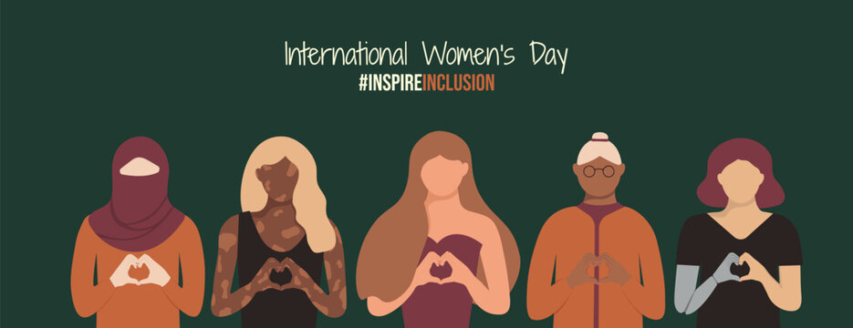 Inspire Inclusion 2024 Dark banner. International Women's Day InspireInclusion slogan. Various religions colors body ages Feminine. Diverse abilities and ethnicities girls with Heart-shaped hands